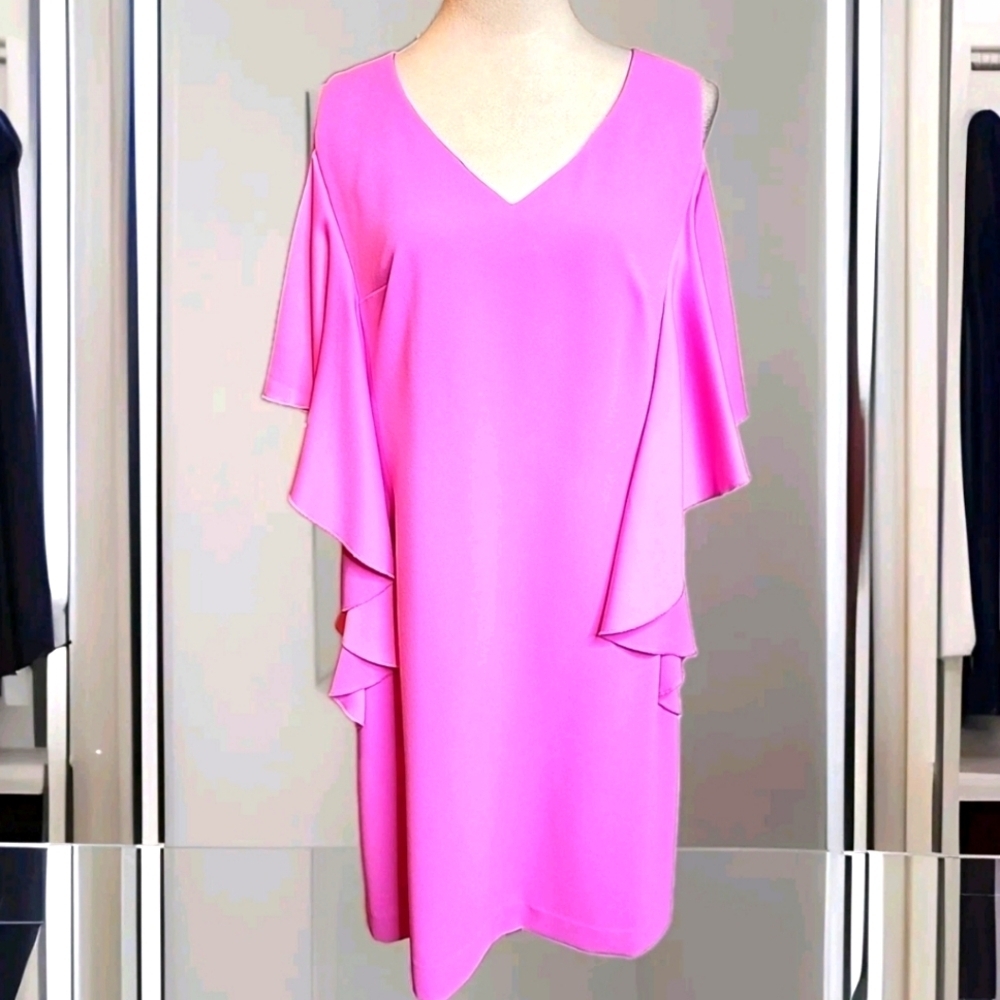 #57 Trina Turk Pink Cold Shoulder Dress W/ Ruffles, Size 8 (US)